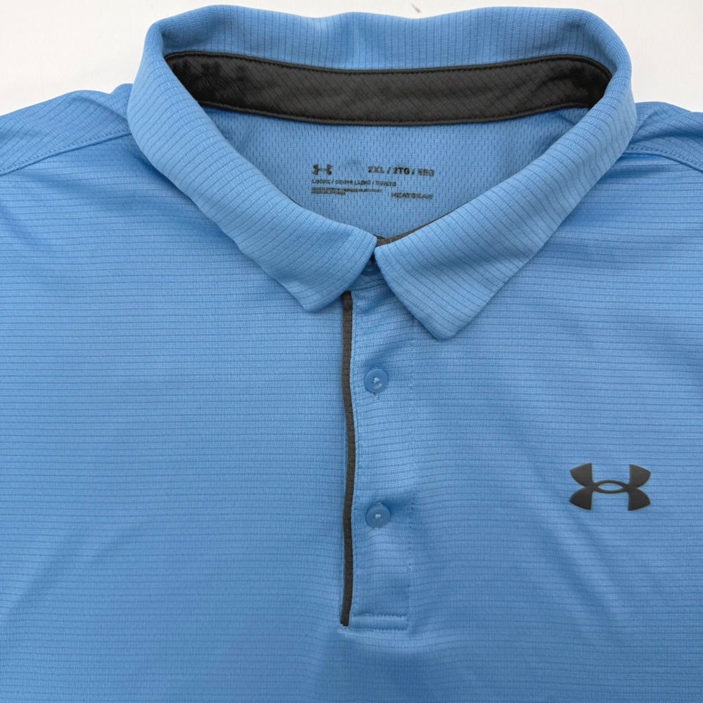 Under Armour Polo Shirt Men XXL Blue HeatGear Short‎ Sleeve Striped Golf Top